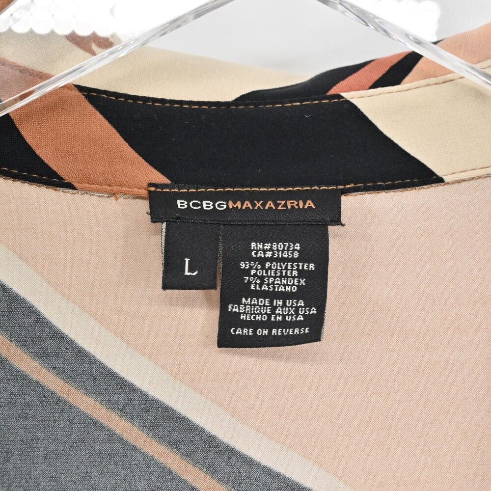 BCBGMAXAZRIA Dress‎ Sz L Brown Stripe Floral Collared Faux Wrap Long Sleeve Midi - Picture 8 of 12